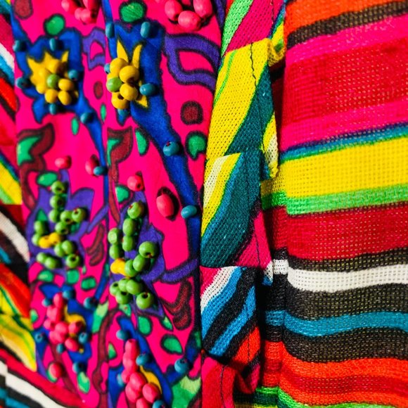 Nanette Lepore Linen Dress Size 8 Vibrant Stripes Beaded Neck Ruffle Accent - Picture 13 of 15